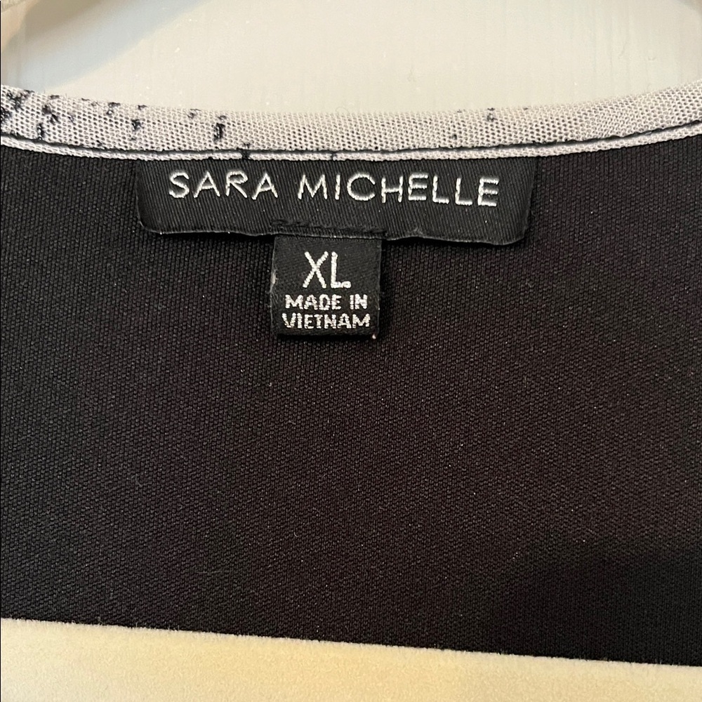 Sara Michelle Black and Gold Patterned Cardigan over black shirt. XLarge - Picture 2 of 11